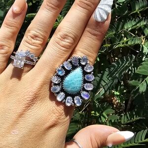 Amazonite and rainbow moonstone ring adjustable sterling silver